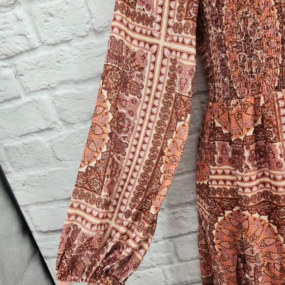 Bohme Kinsley Printed Smocked Tiered Long Sleeve Boho Midi Dress Women's Small - Picture 7 of 16